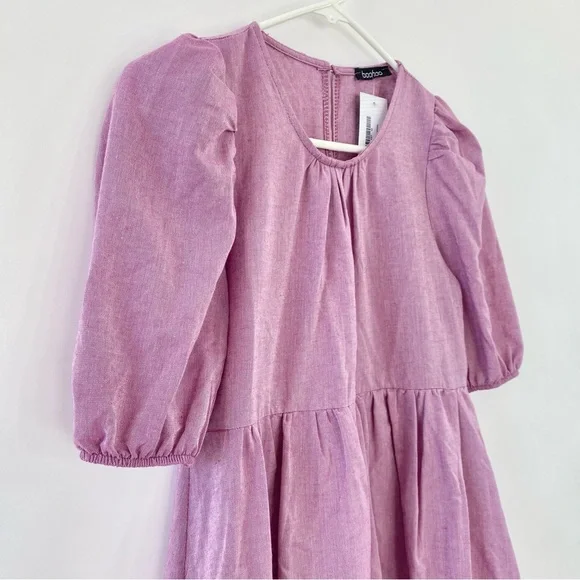 NWT Boohoo Puffball High Waist Mini Smock Dress Petite Purple 0 - Picture 4 of 12